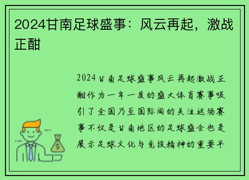 2024甘南足球盛事：风云再起，激战正酣
