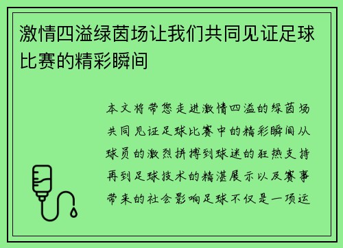 激情四溢绿茵场让我们共同见证足球比赛的精彩瞬间