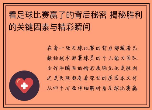 看足球比赛赢了的背后秘密 揭秘胜利的关键因素与精彩瞬间