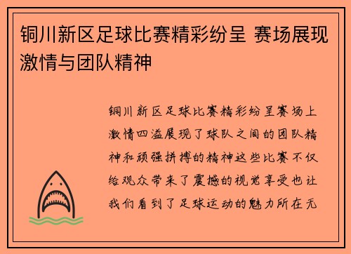 铜川新区足球比赛精彩纷呈 赛场展现激情与团队精神