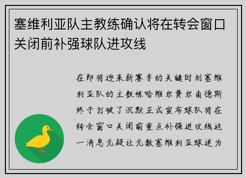 塞维利亚队主教练确认将在转会窗口关闭前补强球队进攻线
