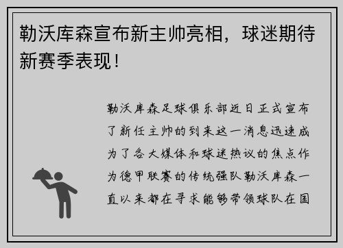勒沃库森宣布新主帅亮相，球迷期待新赛季表现！