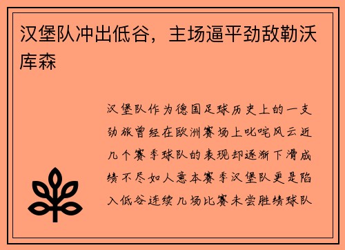 汉堡队冲出低谷，主场逼平劲敌勒沃库森