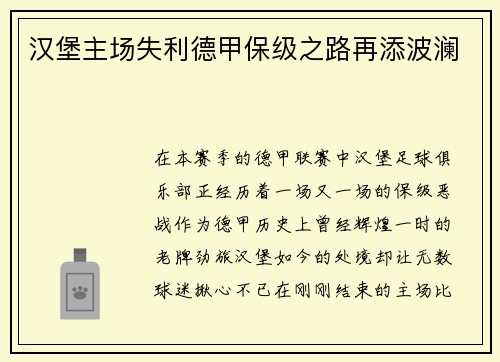 汉堡主场失利德甲保级之路再添波澜