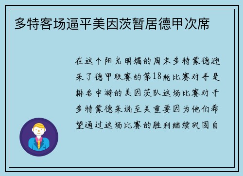 多特客场逼平美因茨暂居德甲次席