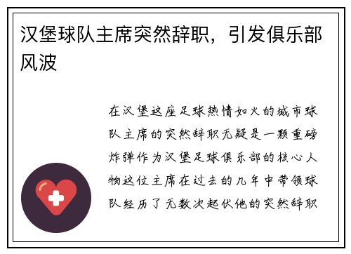 汉堡球队主席突然辞职，引发俱乐部风波