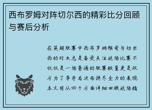 西布罗姆对阵切尔西的精彩比分回顾与赛后分析