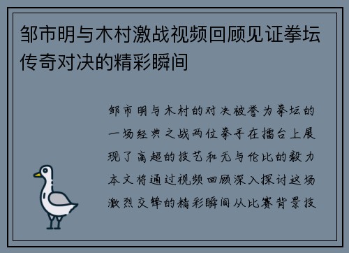邹市明与木村激战视频回顾见证拳坛传奇对决的精彩瞬间