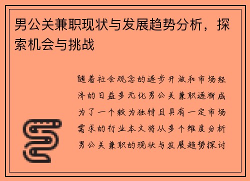 男公关兼职现状与发展趋势分析，探索机会与挑战