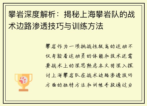 攀岩深度解析：揭秘上海攀岩队的战术边路渗透技巧与训练方法