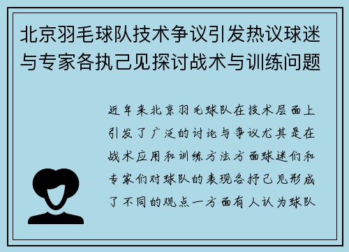 北京羽毛球队技术争议引发热议球迷与专家各执己见探讨战术与训练问题