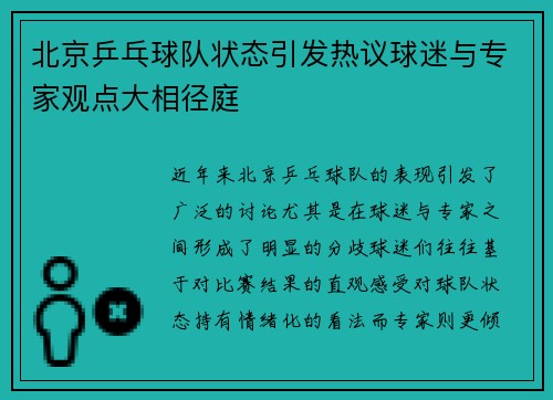北京乒乓球队状态引发热议球迷与专家观点大相径庭