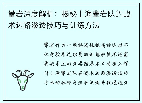 攀岩深度解析：揭秘上海攀岩队的战术边路渗透技巧与训练方法