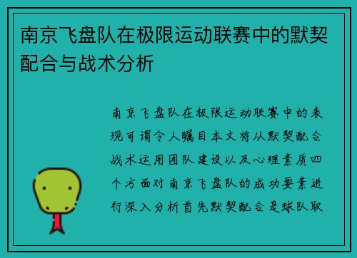 南京飞盘队在极限运动联赛中的默契配合与战术分析